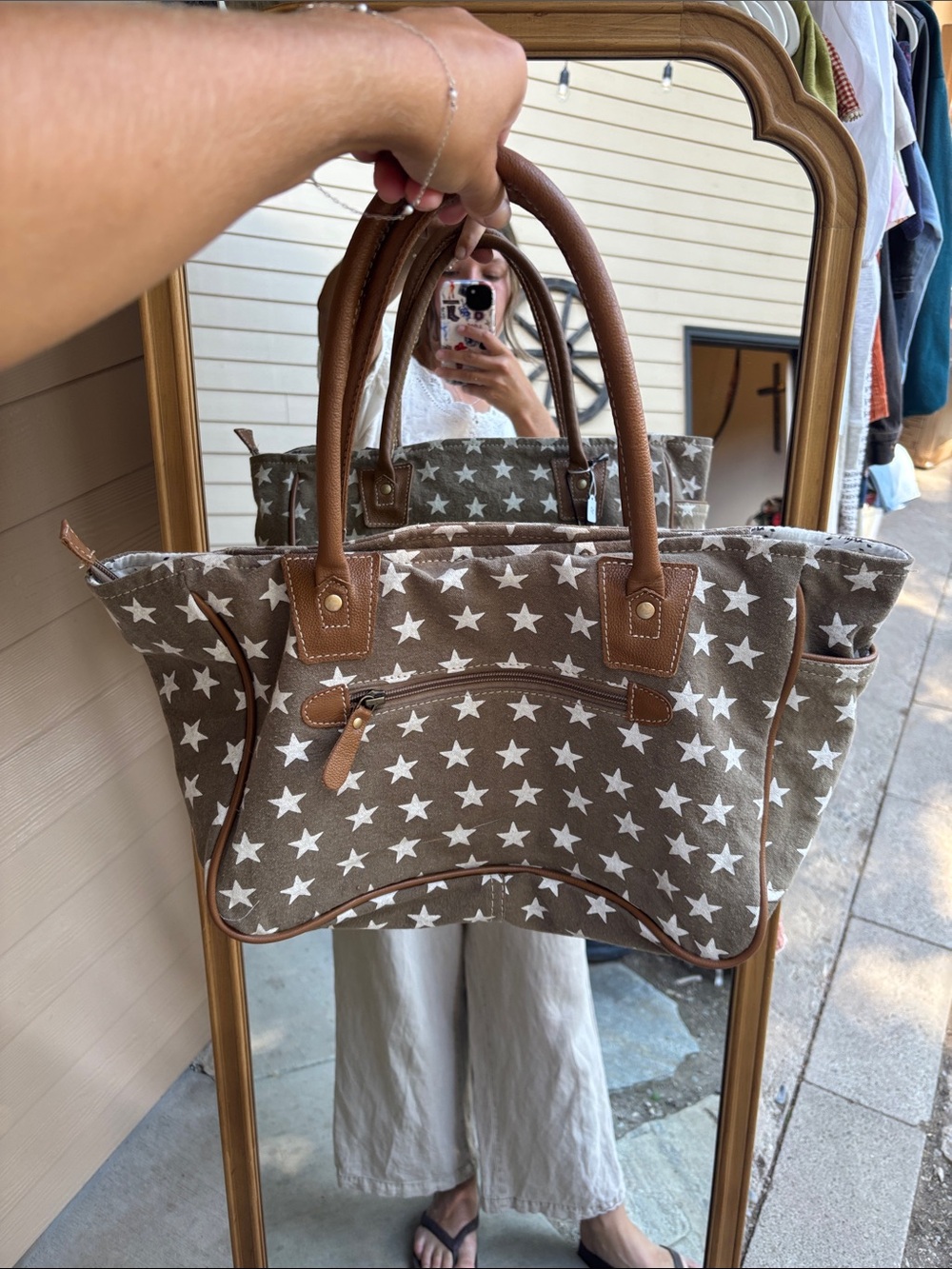 Myra Bag Taupe Star Canvas Tote with Brown Handles and White Stars - Picture 3 of 7